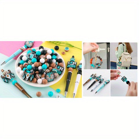 Turquoise Silicone Beads for Pens and Keychains, 146-Piece Mixed Craft Assortment with Listed 10mm Round and 12mm/15mm Beads for DIY Jewelry and Decorations