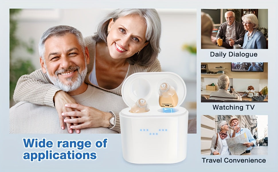 In-Ear Rechargeable Hearing Amplifier Pair with Listed Charging Case, K19RC and K19S Model Labels in Beige, RedBlue or Black for Adult Device Comparison