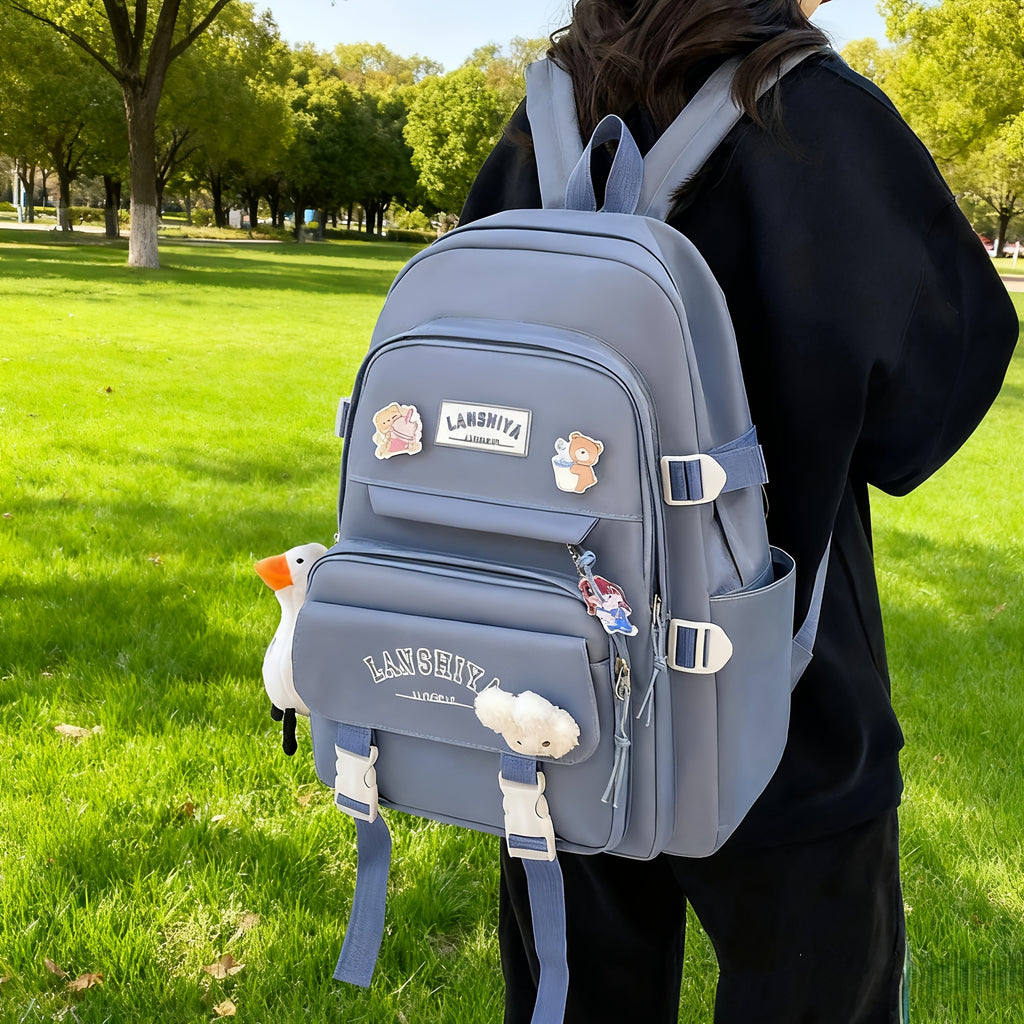 Solid-Color Canvas Backpack Set with Listed Five-Piece Format, Tote, Pencil Bag and Crossbody Wording, Four Pendant-Labeled Color Options for Student Daily Carry