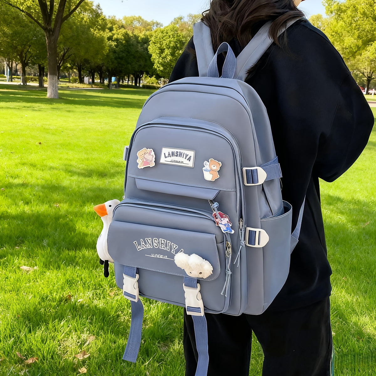 Solid-Color Canvas Backpack Set with Listed Five-Piece Format, Tote, Pencil Bag and Crossbody Wording, Four Pendant-Labeled Color Options for Student Daily Carry