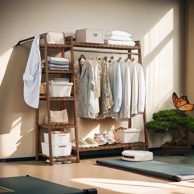 Bamboo Garment Rack with Adjustable Shelves, Five Side Storage Racks and Hat Hooks for Bedroom Organization, Brown or Nature with Four Size and Bag Option Labels
