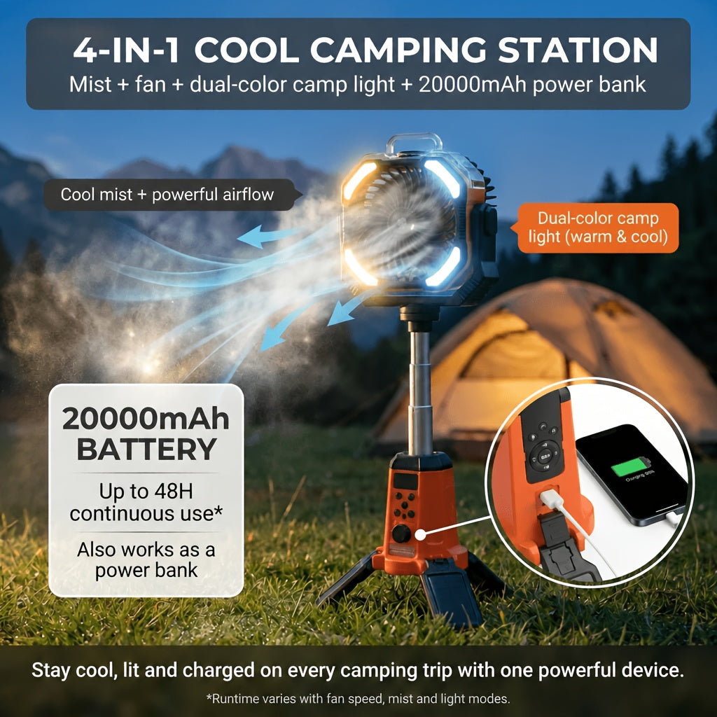 TAZTIR Camping Fan with Listed 20000mAh Battery, Basic or Mist Models in Black or Orange and a Mist+Scalable Option for Tent and Campsite Airflow