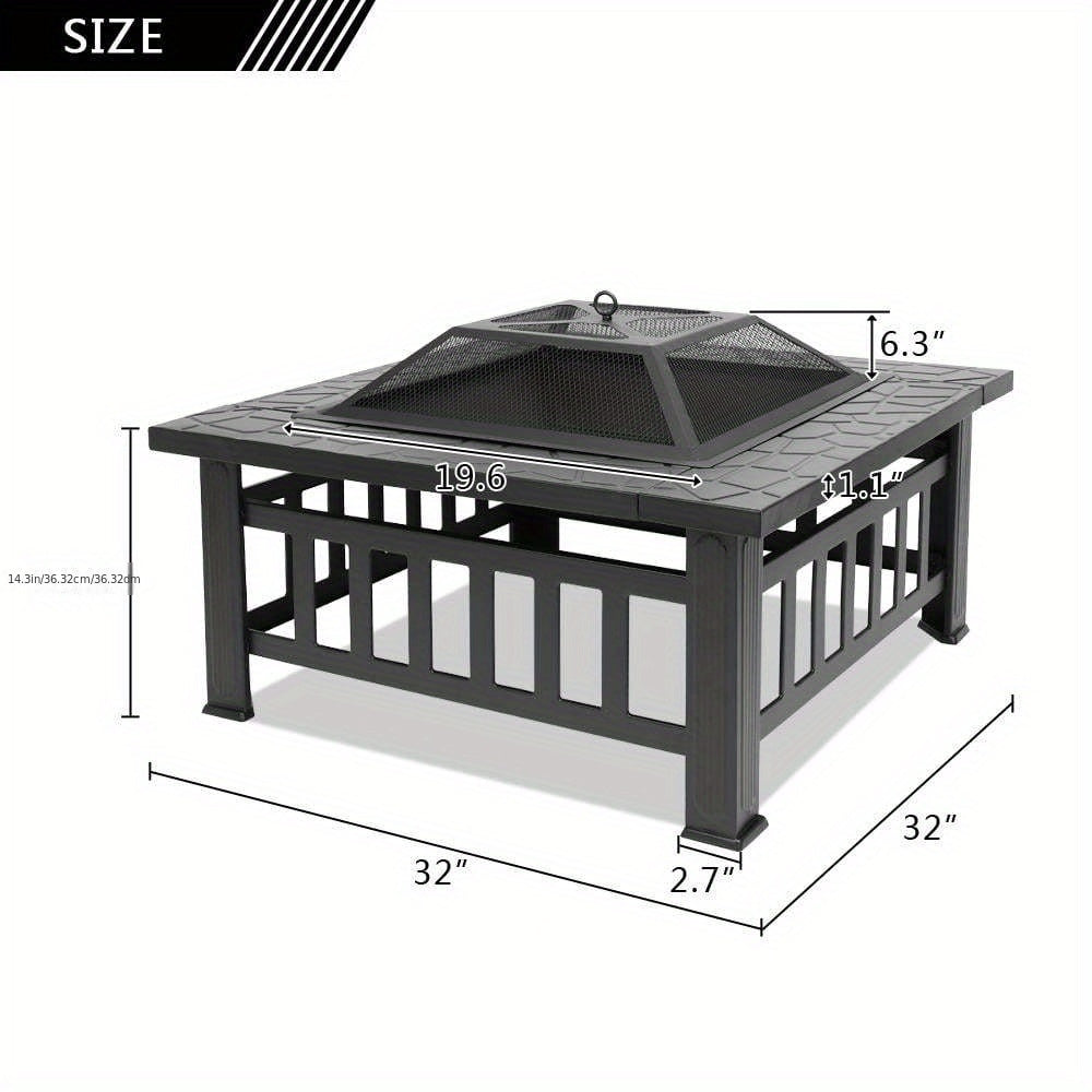 Outdoor Fire Pit in Black Metal with Mesh Screen Lid and Ash Fork, Listed 32-Inch Size for Garden Gathering Areas and Backyard Entertaining