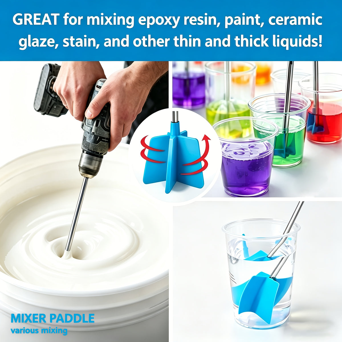 Resin Mixing Paddles by JANCHUN, 6 Reusable Stirring Attachments with Extension Stick for Compatible Drills and Small-Batch Epoxy Casting Projects