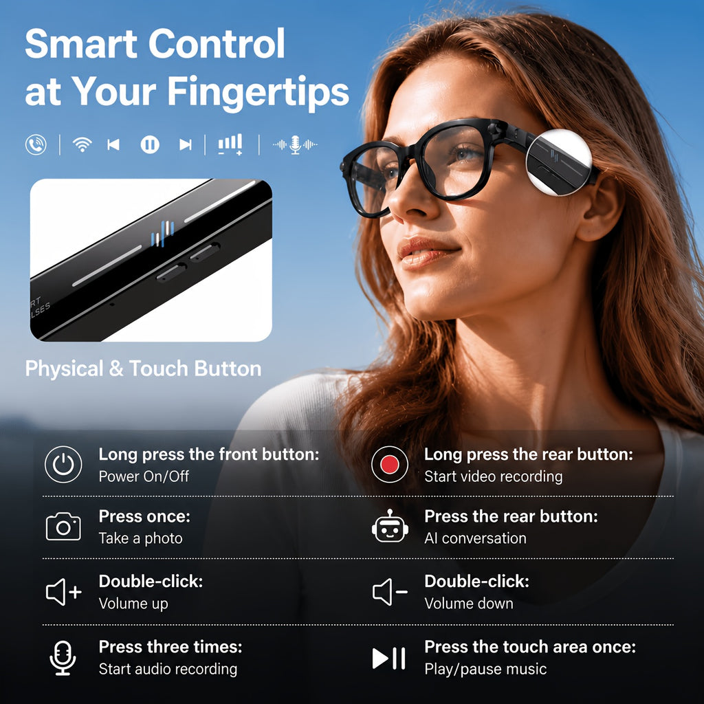 Replaceable-Lens AI Smart Glasses with Listed 8MP Camera, Image Stabilization, Video and Audio Recording, Translation, Voice Control and Music Playback