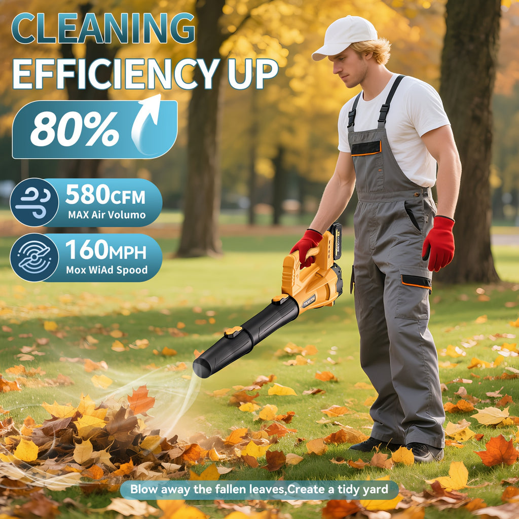 Extended-Nozzle Cordless Leaf Blower, Anti-Slip Handle with Yellow One- or Two-Battery Choices and Selected Six-Speed Models for Lawn, Patio and Yard Cleanup