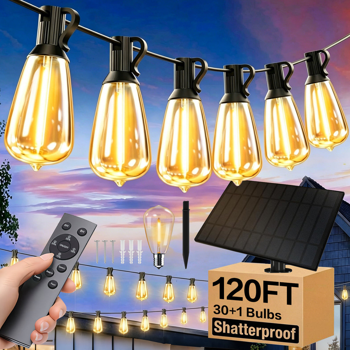 Solar Outdoor String Lights with Remote Control, Dimmable Warm ST38 LED Bulbs, Timer and 3 Lighting Modes for Patio, Garden, Wedding and Holiday Decor