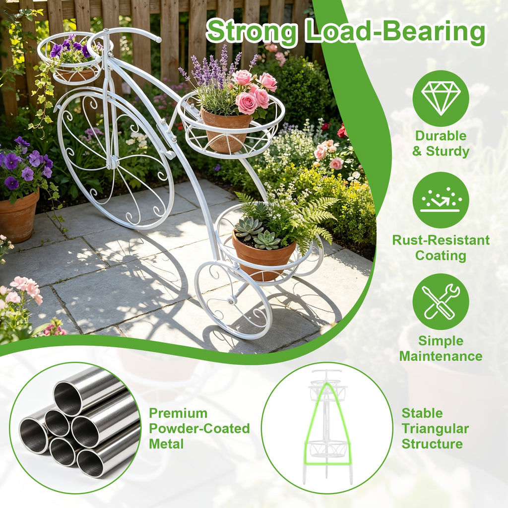 Tricycle Plant Stand in Black or White with Three Iron Pot Holders, Decorative Bicycle Flower Display with Fixed Wheels for Home and Suitable Patio Spaces