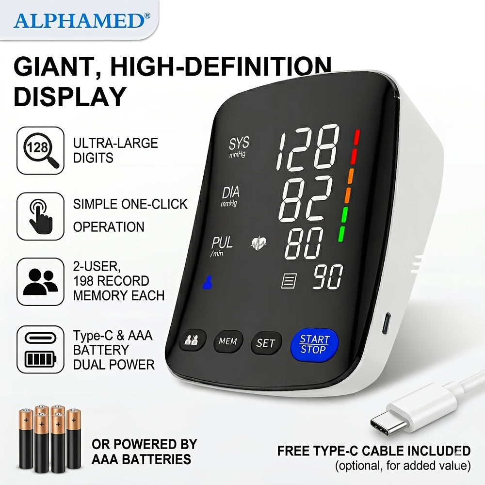 Upper Arm Blood Pressure Monitor with Large Curved LED Display, Automatic Digital BP Machine, 8.7–17 Inch Cuff, Two-User Memory and USB-C or AAA Power