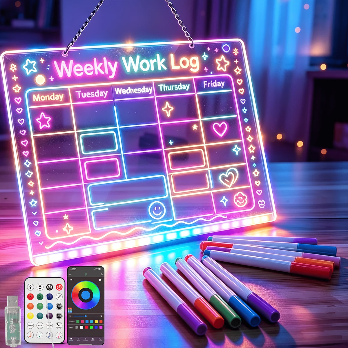 LED Erasable Drawing Board 13.7 x 10 Inch, RGB+IC Acrylic Message Sign with 21 Lighting Effects, Remote and App Control and 12-Color Pens