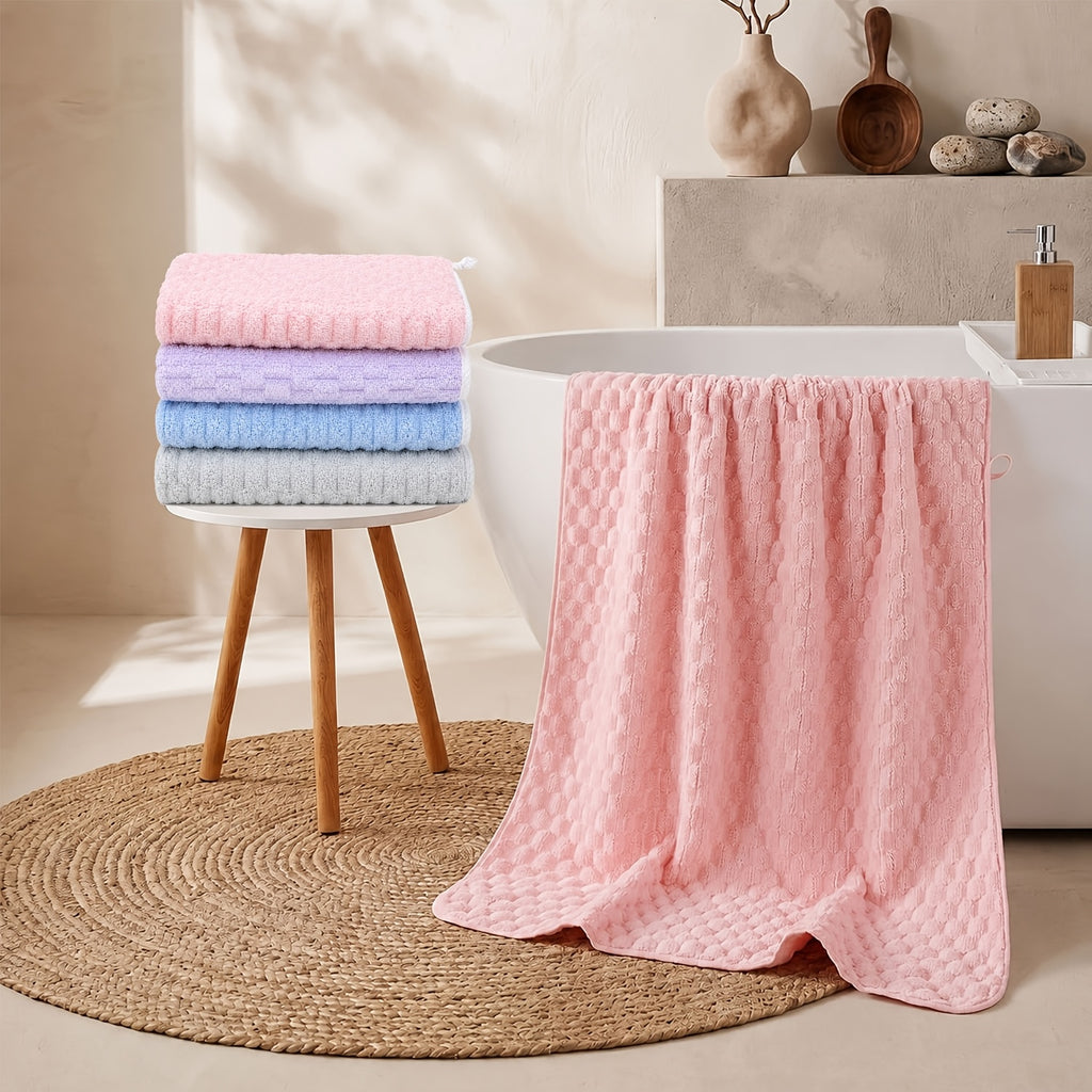 Coral Fleece Bath Towel Set with Hair Drying Cap, Five-Piece Bundle Featuring Four 27 x 55 Inch Plush Towels and Listed Hanging Loops for Home Shower Routines