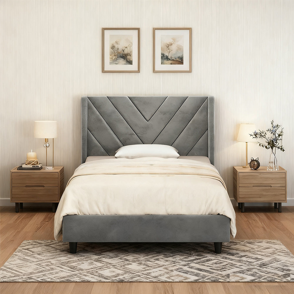 Velvet Platform Bed Frame by Costoffs with Wingback Headboard and Geometric Stitching, Wooden Slat Support, No Box Spring Needed, Twin to King Options