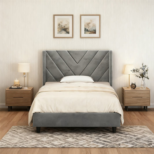 Velvet Platform Bed Frame by Costoffs with Wingback Headboard and Geometric Stitching, Wooden Slat Support, No Box Spring Needed, Twin to King Options