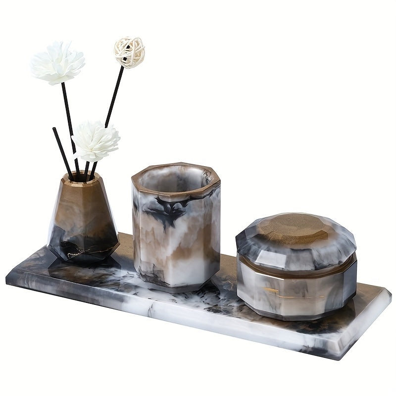 Bathroom Organizer Resin Mold Set with Four Listed Silicone Pieces, Toothbrush Holder Cup, Diffuser Bottle, Tray and Lidded Jar Design Wording for DIY Casting