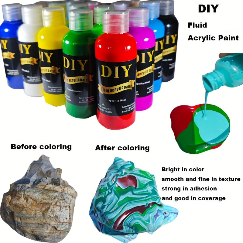 High-Gloss Fluid Acrylic Pour Paint Set with Six- or Twelve-Piece Options and Listed 2.03oz Bottles for Canvas, Plaster, Rock and Decorative DIY Art Projects