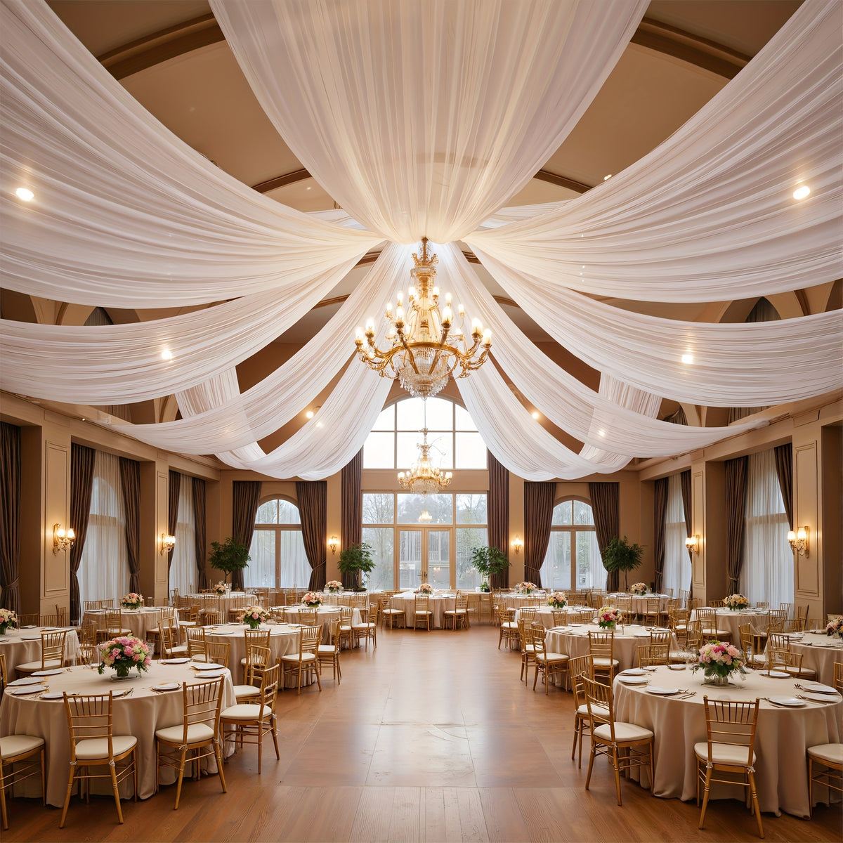 Wedding Ceiling Draping Fabric Set, Six Chiffon-Style Panels with Listed 63 x 118 Inch Size and Pole Pockets in Twelve Color Labels for Ceremony and Event Decor