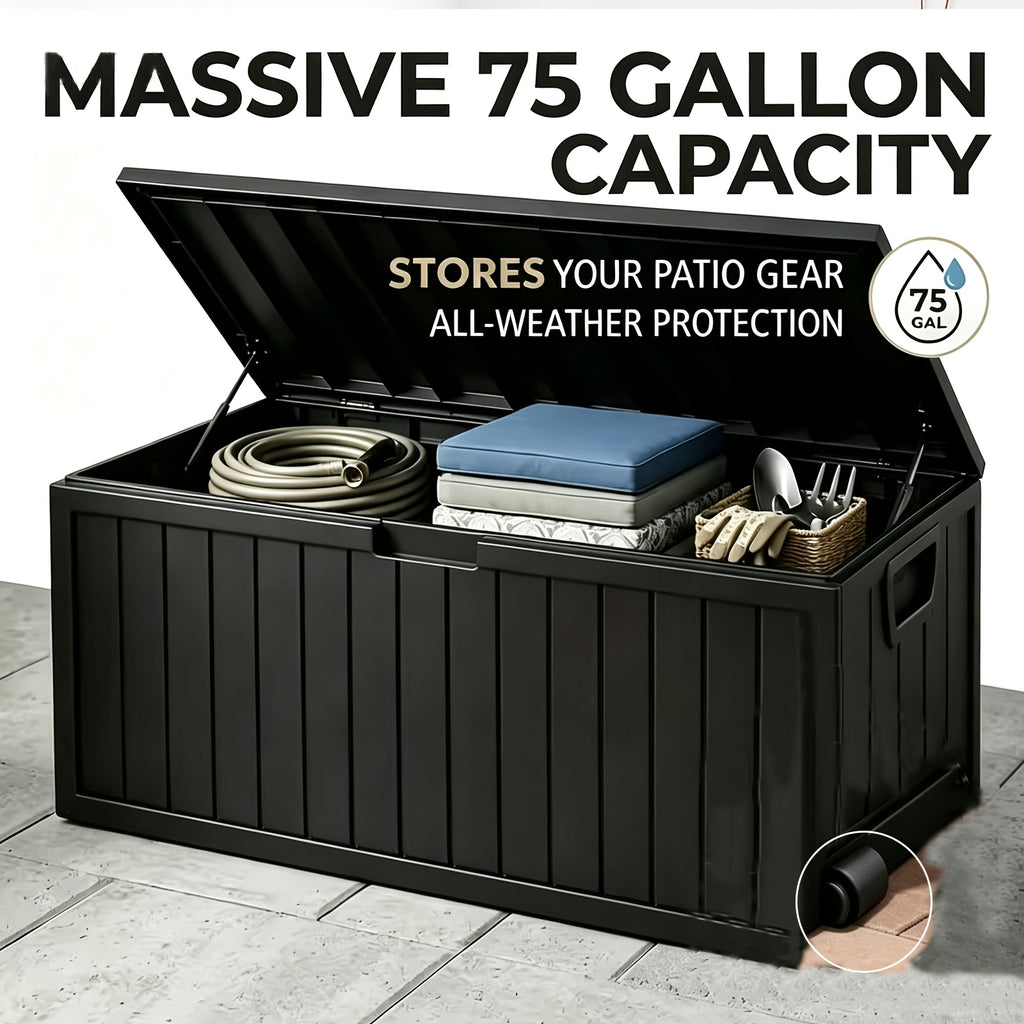 Flip-Top Patio Storage Box, Plastic Deck Organizer with Lockable Lid and Handle/Wheel References, Black 75 or Black 35 Model Options for Outdoor Essentials