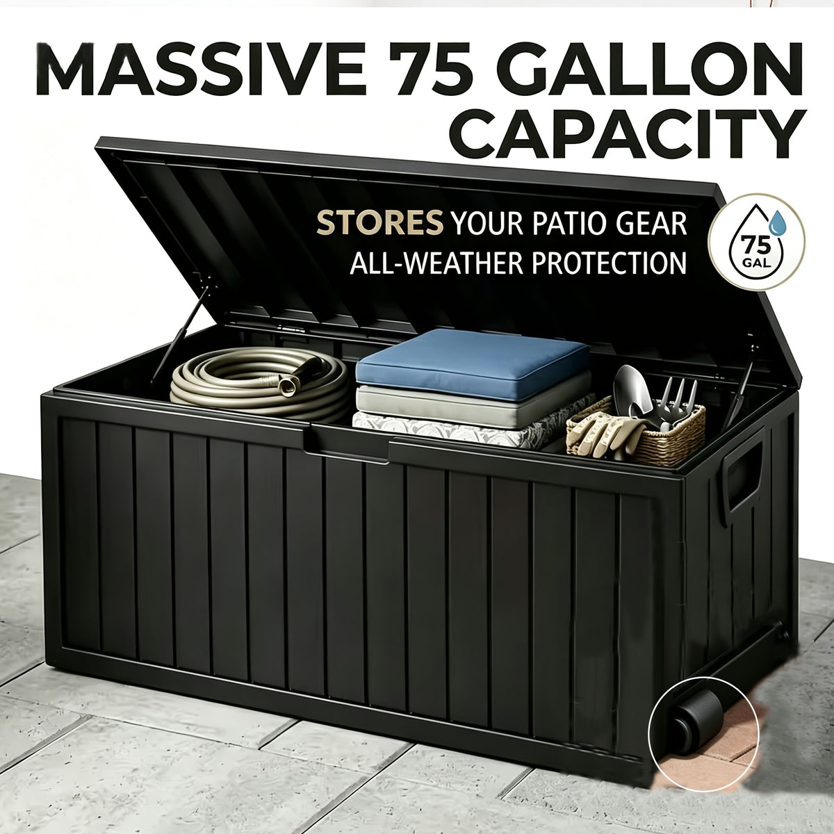 Flip-Top Patio Storage Box, Plastic Deck Organizer with Lockable Lid and Handle/Wheel References, Black 75 or Black 35 Model Options for Outdoor Essentials