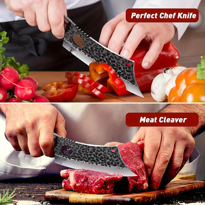 High Carbon Steel Meat Cleaver with Oak Wood Handle and Sheath, Viking Style Kitchen Knife for Meat and Vegetable Preparation, Camping Cooking and BBQ
