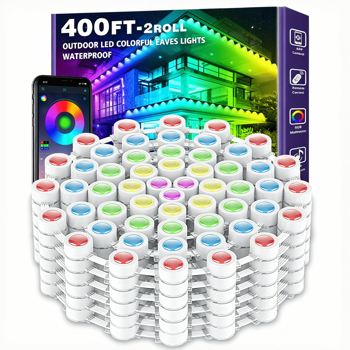 Permanent RGB Outdoor Lights with Listed 400ft Length, LED Eaves Lighting with App and Remote Control for Christmas, Holiday and Everyday House Accent Decor
