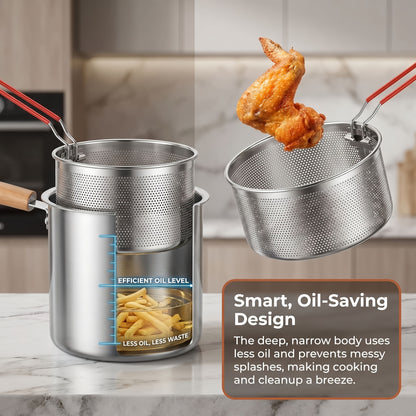 Stovetop Deep Fryer Pot with Frying Basket and Glass Lid, Listed 304 Stainless Steel Tempura Cookware for Fish, Shrimp, Chicken and Fries on Induction or Gas