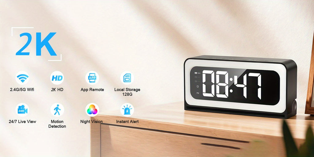 WiFi Clock Camera with 2K Video, Indoor Home Monitoring Camera with Motion Detection, Full Color Night Vision and Two-Way Talk in Ivory White
