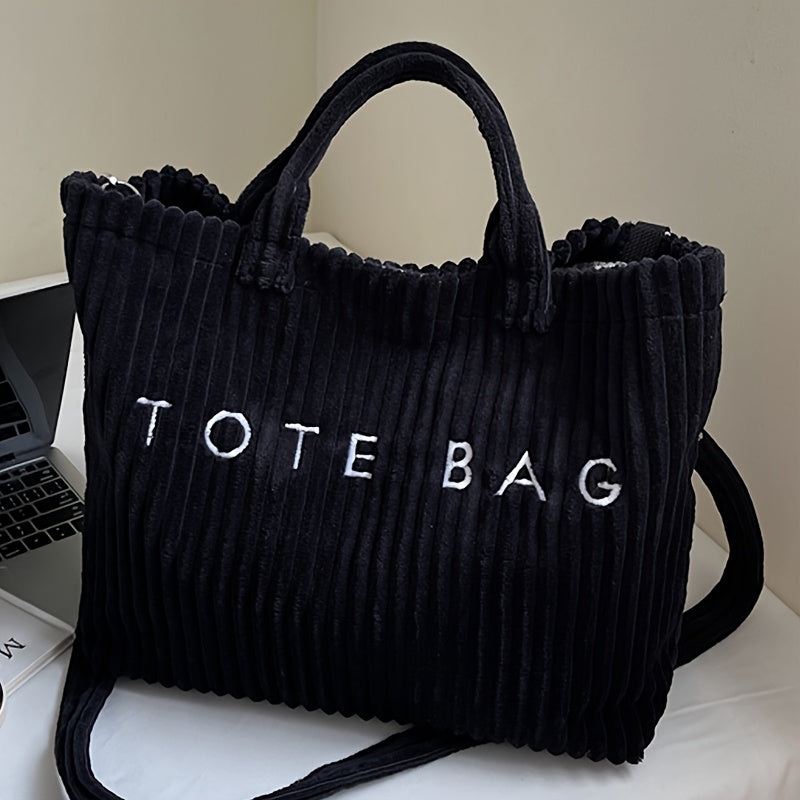 Large Capacity Corduroy Tote Bag for Women with Adjustable Shoulder Strap, Letter Pattern and Contrast Design for Work and Casual Crossbody Wear