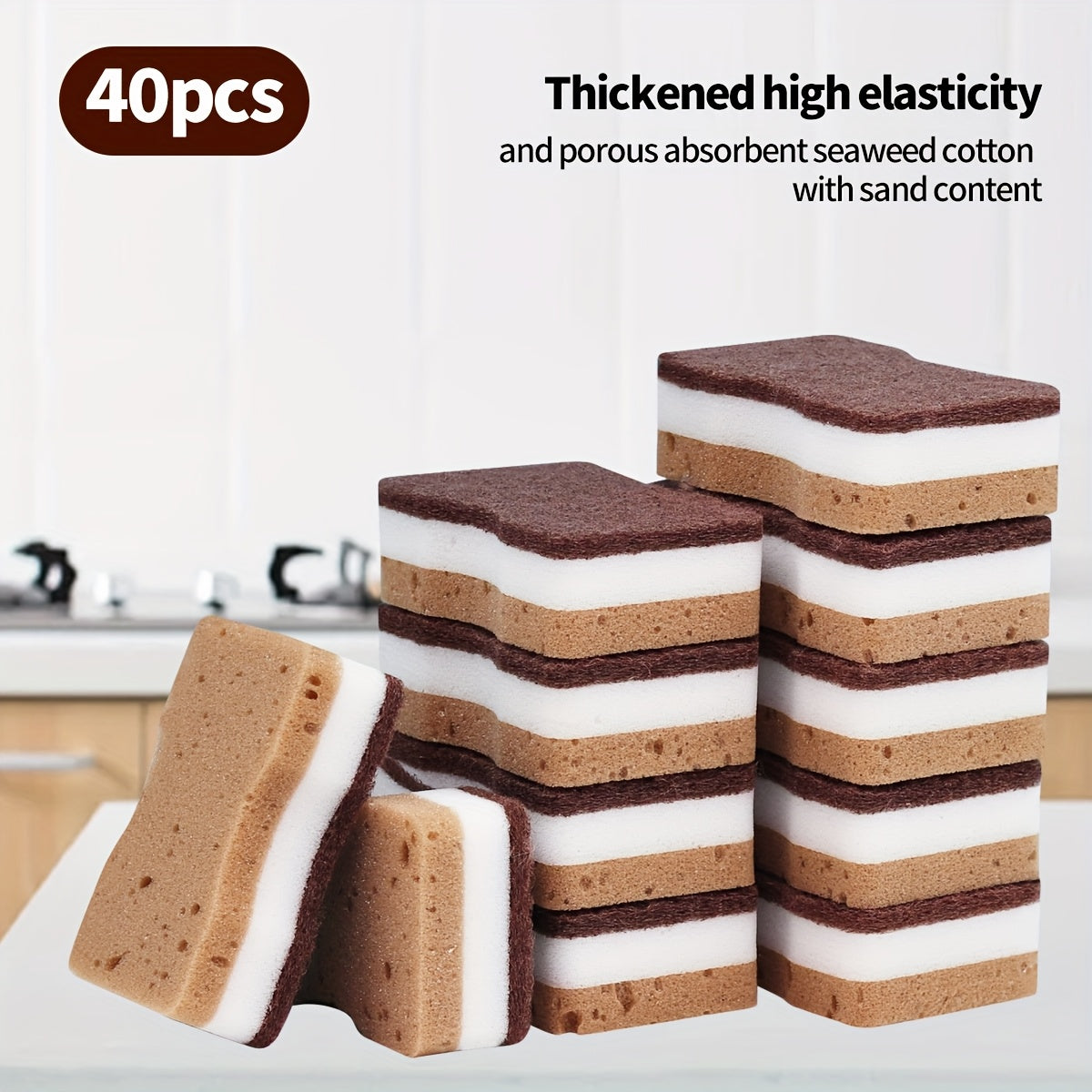 Three-Layer Dishwashing Sponges with Seaweed Waist Sponge Labels, 5, 10, 20 or 40-Piece Packs for Compatible Dishes and Everyday Kitchen Surface Cleaning