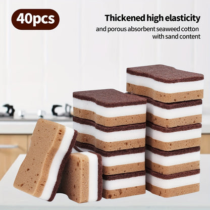 Three-Layer Dishwashing Sponges with Seaweed Waist Sponge Labels, 5, 10, 20 or 40-Piece Packs for Compatible Dishes and Everyday Kitchen Surface Cleaning