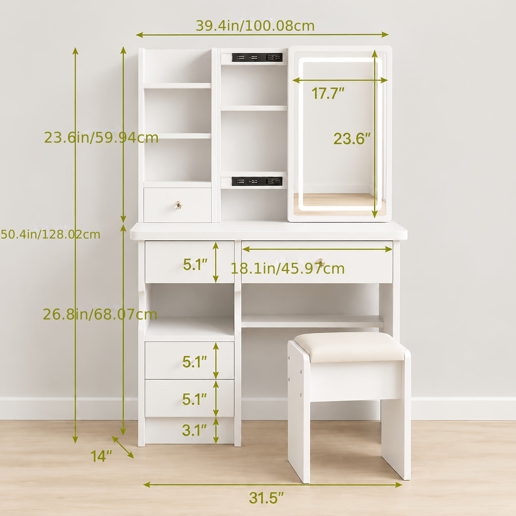 Makeup Vanity with Lighted Mirror, White Dressing Table Set with 5 Drawers, Stool and Open Shelves, 3 Light Settings and Adjustable Brightness