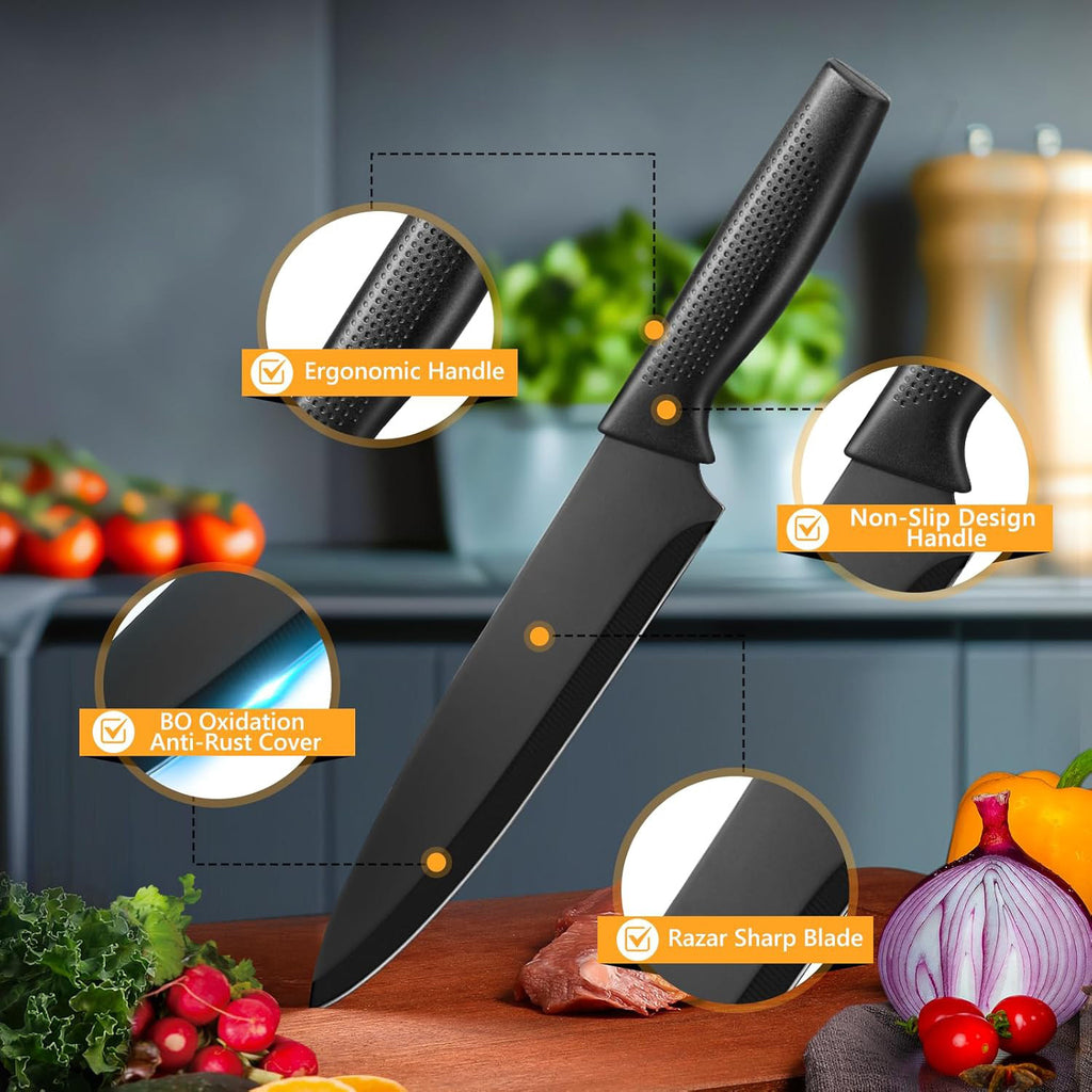 Black Cooking Knife Set with Fruit Knife Small Set or Stainless Steel Kitchen Large Set Options for Slicing, Dicing and Everyday Home Meal Preparation