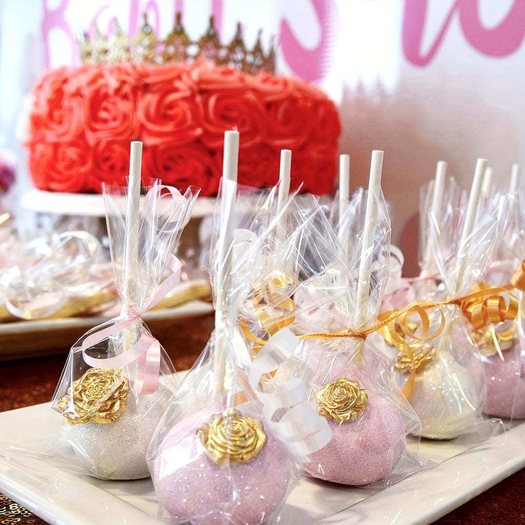 Cake Pop Treat Bag Kit, 297-Piece Mixed Set of Plastic Bags, Lollipop Sticks and Golden Metallic Twist Ties for Candy Packaging and Party Favor Presentation