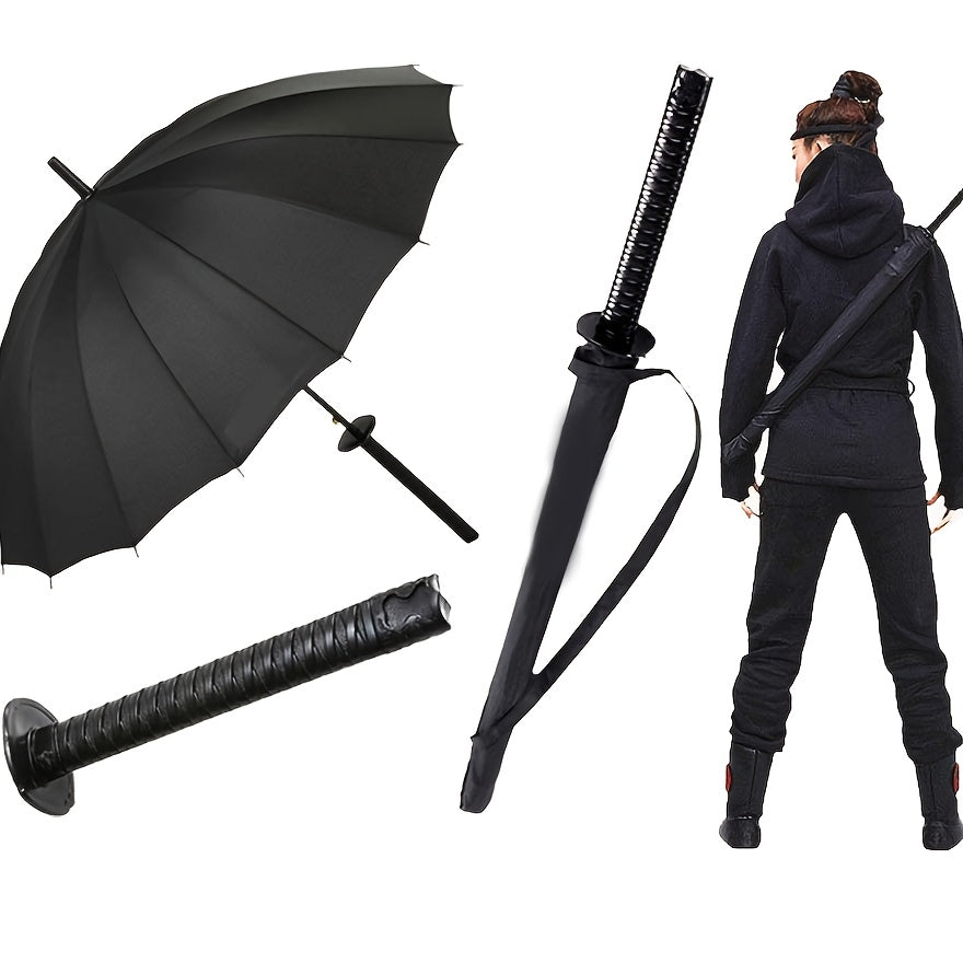 Samurai Umbrella in Black with Automatic Open and Close, Listed 24-Rib Steel Frame and Sword-Themed Styling for Rainy Days, Cosplay Outfits and Anime Fan Gifts