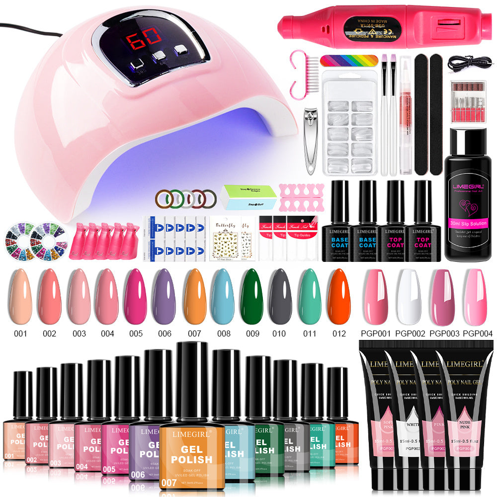 Gel Manicure Kit with 12 Listed Polish Colors and 4 Extension Gel Colors, Nail Lamp and Electric Drill References, Five Set Options for Adult Nail Art