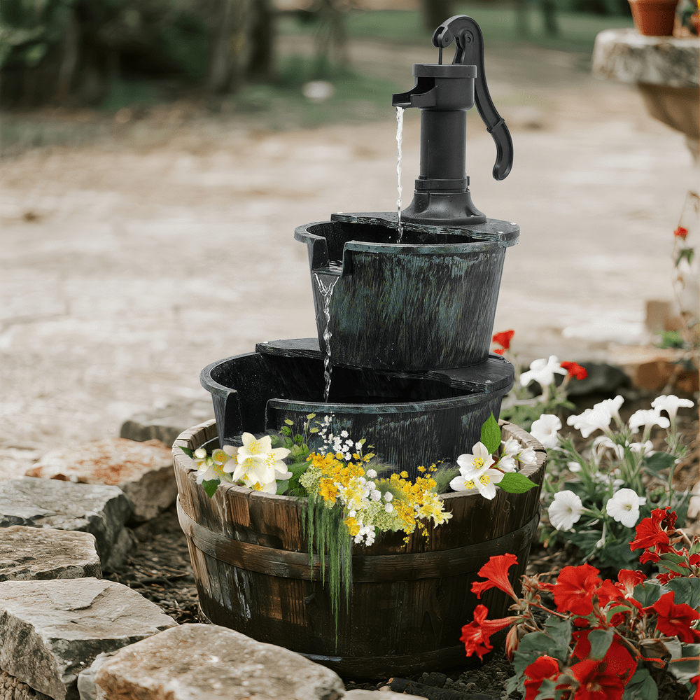 Outdoor Barrel Water Fountain, 27-Inch Two-Tier Rustic Waterfall with Listed 11L Capacity and IPX4 Rating in Dark Green or Bronze for Patio and Garden Decor