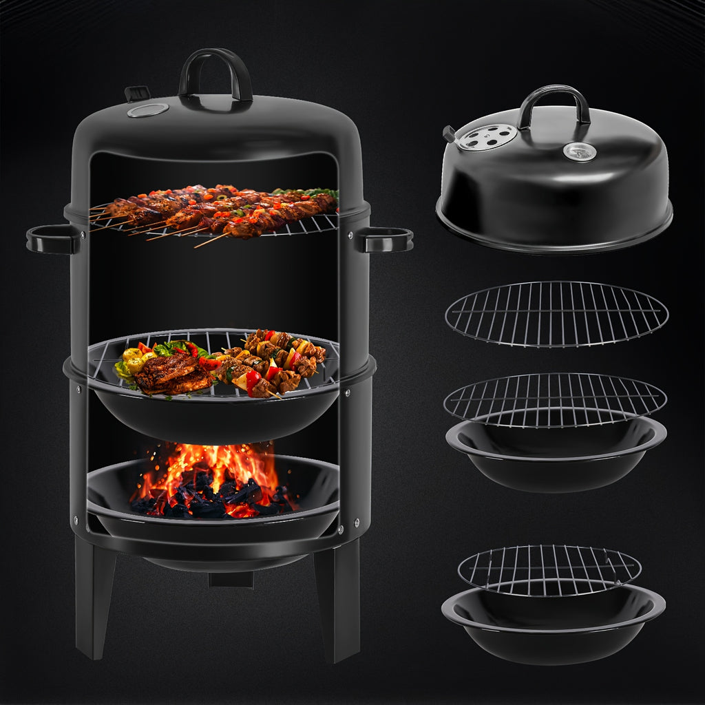 Vertical Charcoal Smoker Grill, Black 16-Inch Three-Tier Outdoor Cooker with Listed 400-Square-Inch Cooking Area and Two BBQ Tongs for Backyard Cookouts
