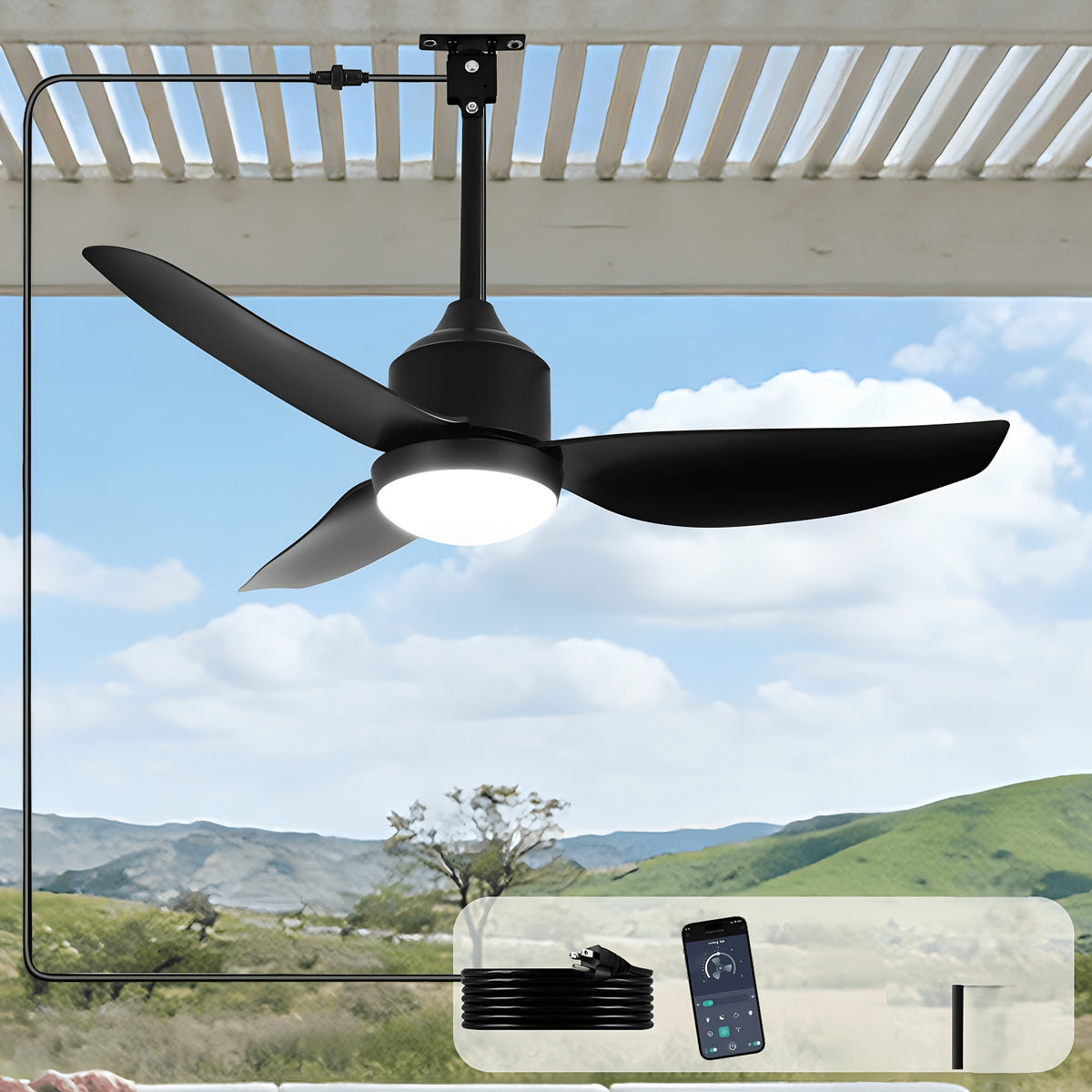 Outdoor Ceiling Fan with Light by Depuley, 42 or 52 Inch Three-Blade Plug-In Design with Six Speeds, Dimming, Remote and App Control in Four Color Options
