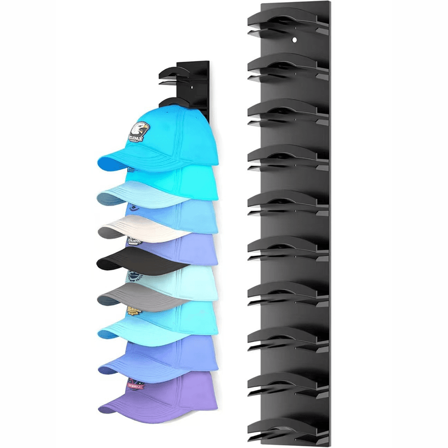 Baseball Cap Rack in Black or White with Multi-Layer Wall Storage, Single Plastic Hat Organizer with Listed Up-to-20-Cap Capacity and Two Mounting References