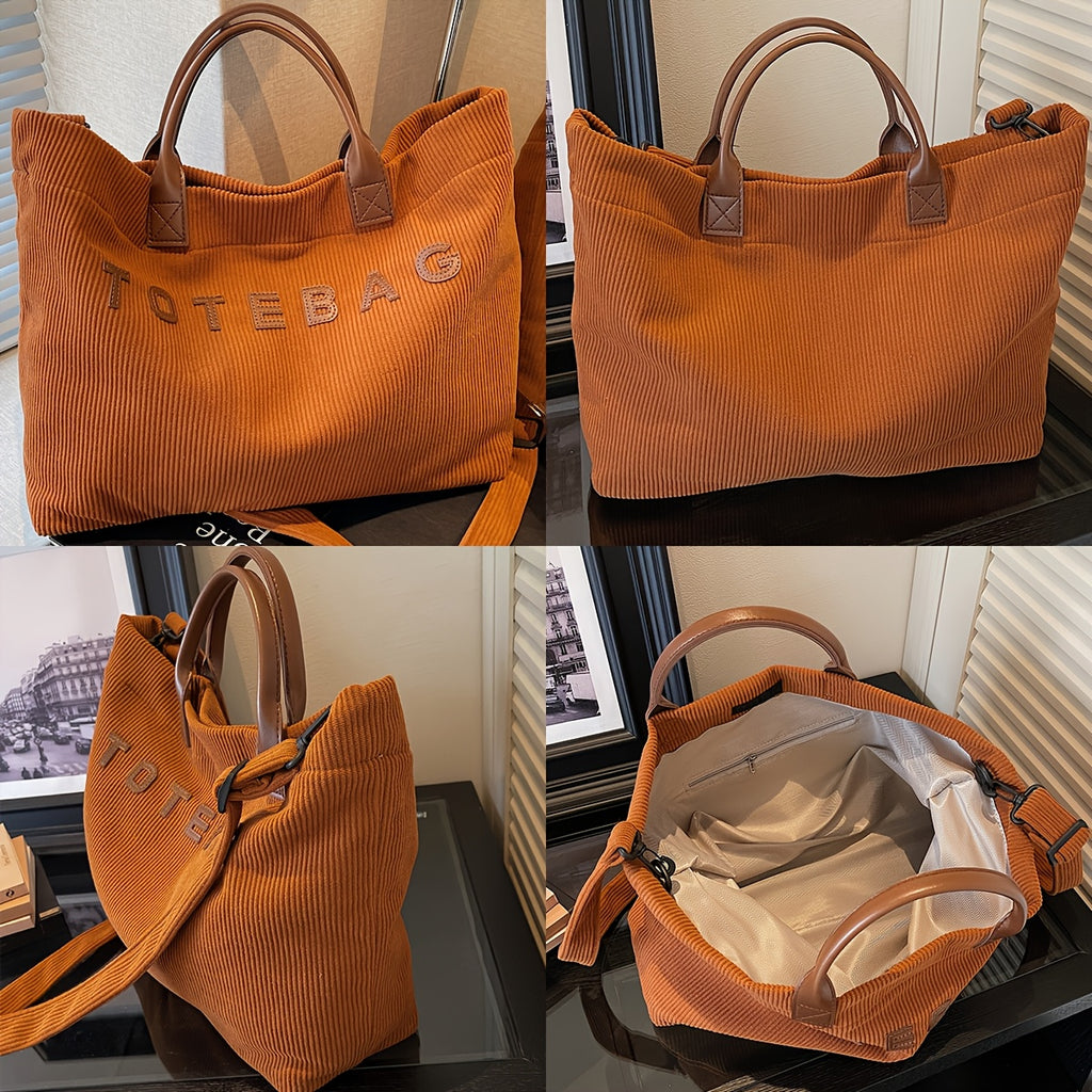 Corduroy Crossbody Tote Bag for Women with Adjustable Strap and Listed Hook-and-Loop Closure, Solid Color Shoulder Handbag for Commuting, Shopping and Casual Travel