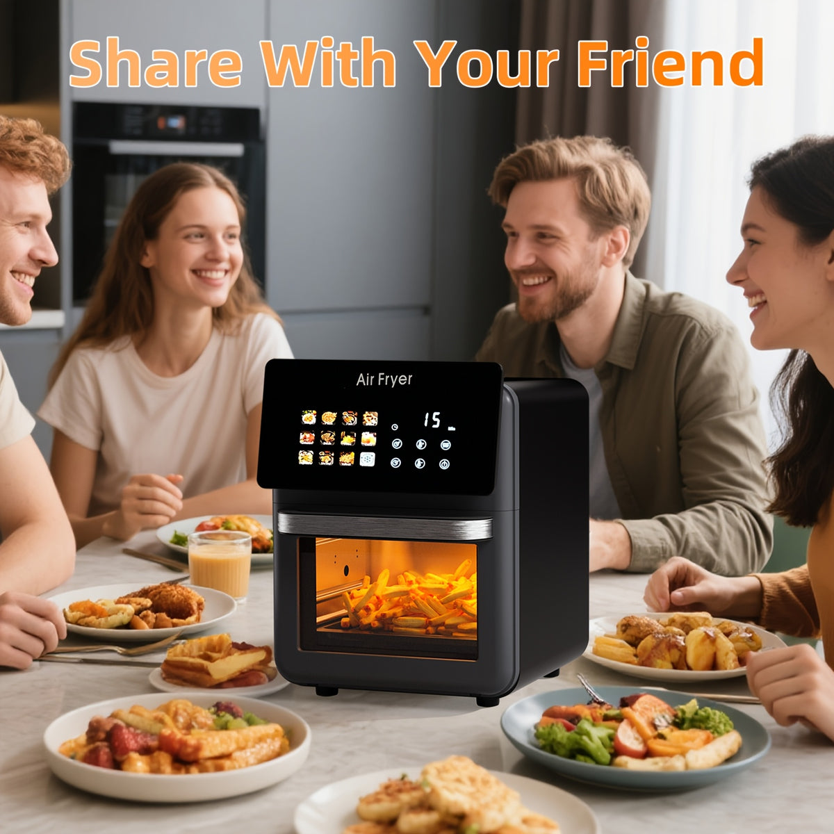 12-in-1 Air Fryer Oven and Grill Combo with Listed 2.64gal Capacity, Glass Viewing Window, Nonstick Basket and Removable Door in Beige or Black