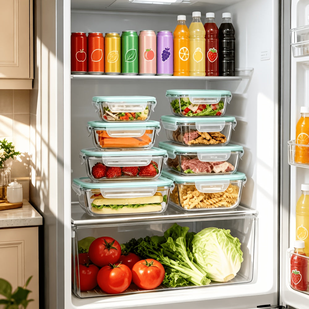 Green Glass Food Storage Containers with Locking Lids and Removable Silicone Seals, 16-Piece or 24-Piece Sets for Meal Prep, Lunches and Leftovers