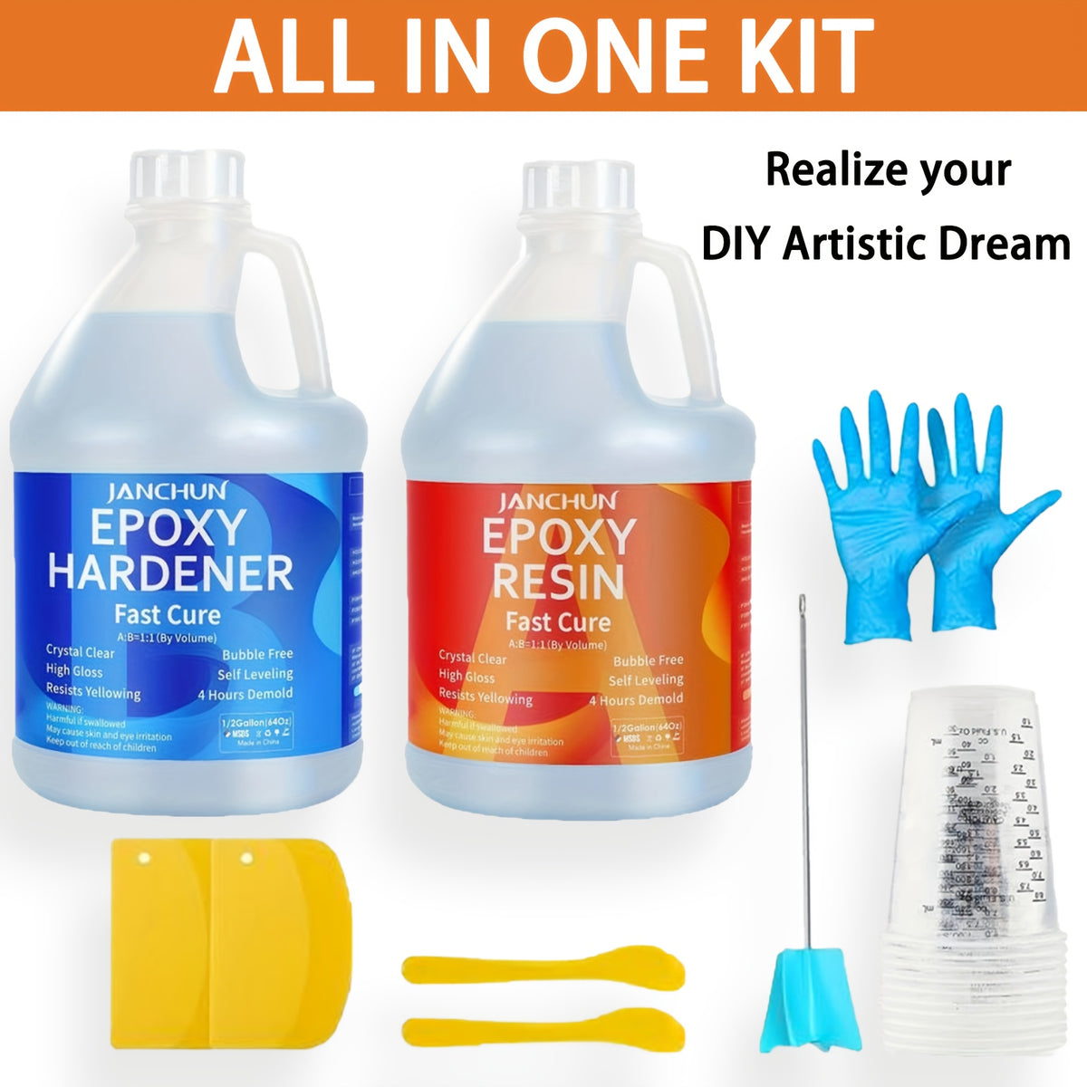Epoxy Resin Kit by JANCHUN with Clear Gloss Finish and Listed 1:1 Volume Mixing, Four Capacity Options for Decorative Casting, Jewelry and Art Coating Projects