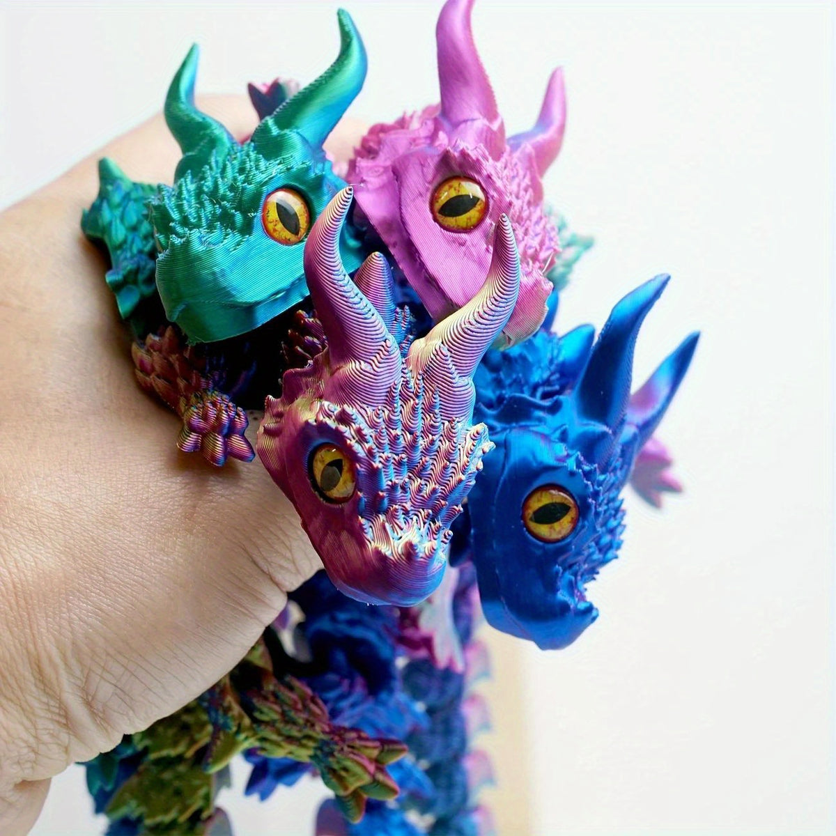 3D Printed Dragon Figurine with Articulated Two-Horned Fantasy Design, Six Color Combinations and Random Eye Details for Gothic Shelf, Desk and Room Decor