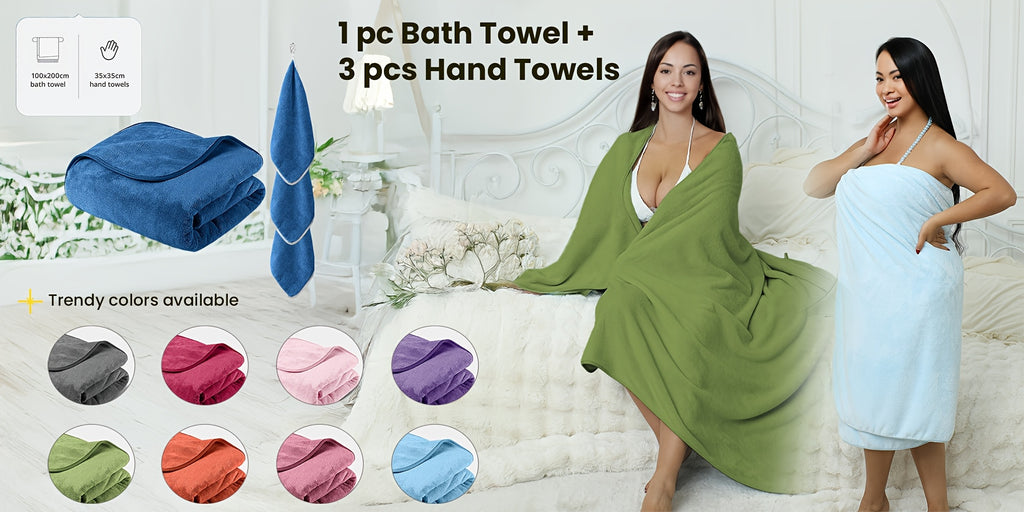 Four-Piece Mixed-Size Towel Set with One Listed Extra-Large Towel and Three Hand Towels, Eight Letter-Coded Options for Bathroom and Everyday Home Routines