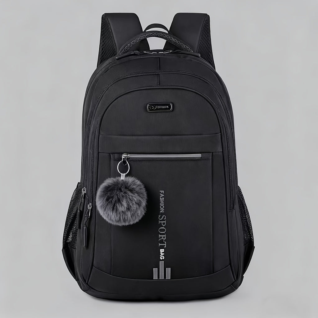 Travel Backpack with Plush Ball Pendant for Men and Women, Nylon Multi-Compartment Carry Bag with Adjustable Shoulder Straps in Black, Blue, Green or Orange
