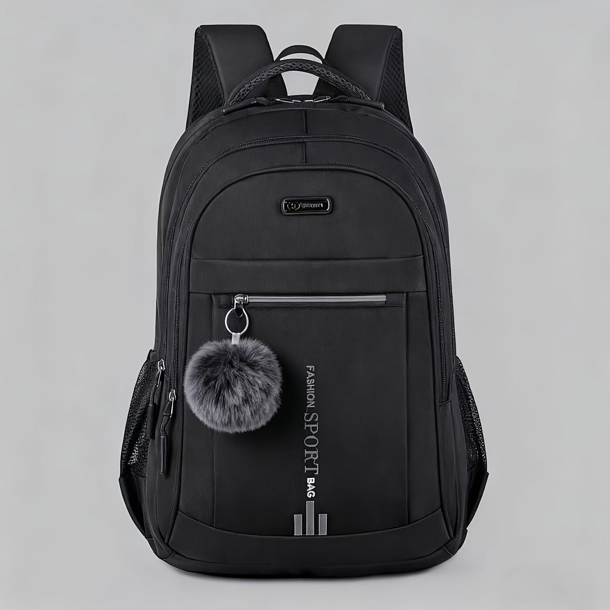 Travel Backpack with Plush Ball Pendant for Men and Women, Nylon Multi-Compartment Carry Bag with Adjustable Shoulder Straps in Black, Blue, Green or Orange