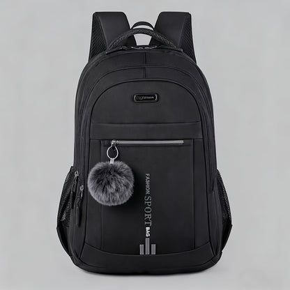 Travel Backpack with Plush Ball Pendant for Men and Women, Nylon Multi-Compartment Carry Bag with Adjustable Shoulder Straps in Black, Blue, Green or Orange