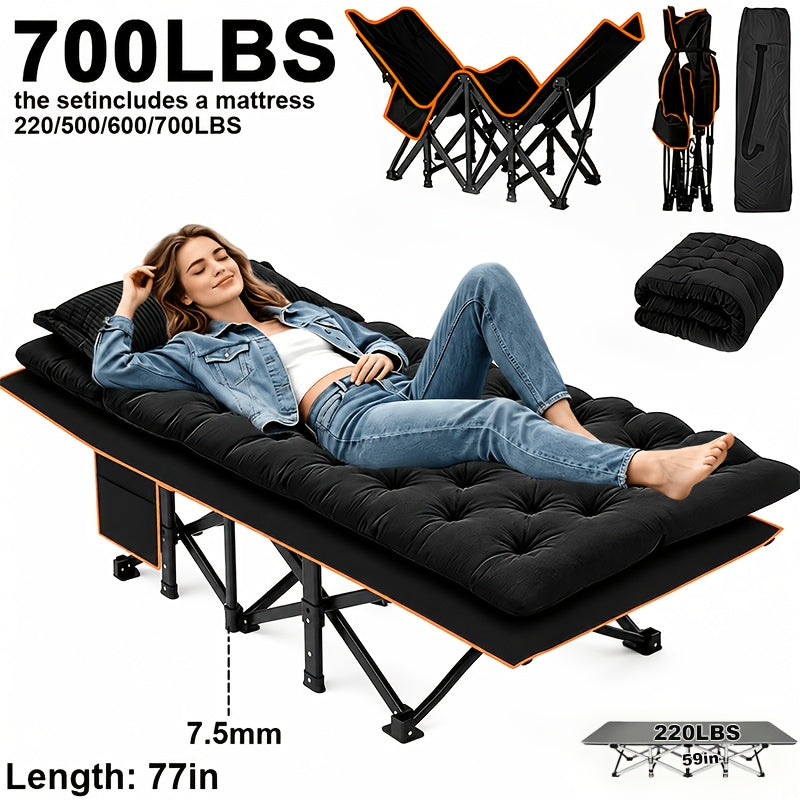 Oversized Folding Camping Cot for Guest Sleeping and Outdoor Lounging, Gray or Black Models with Listed 500, 600 or 700 lb Ratings plus Mini Option Without Mattress