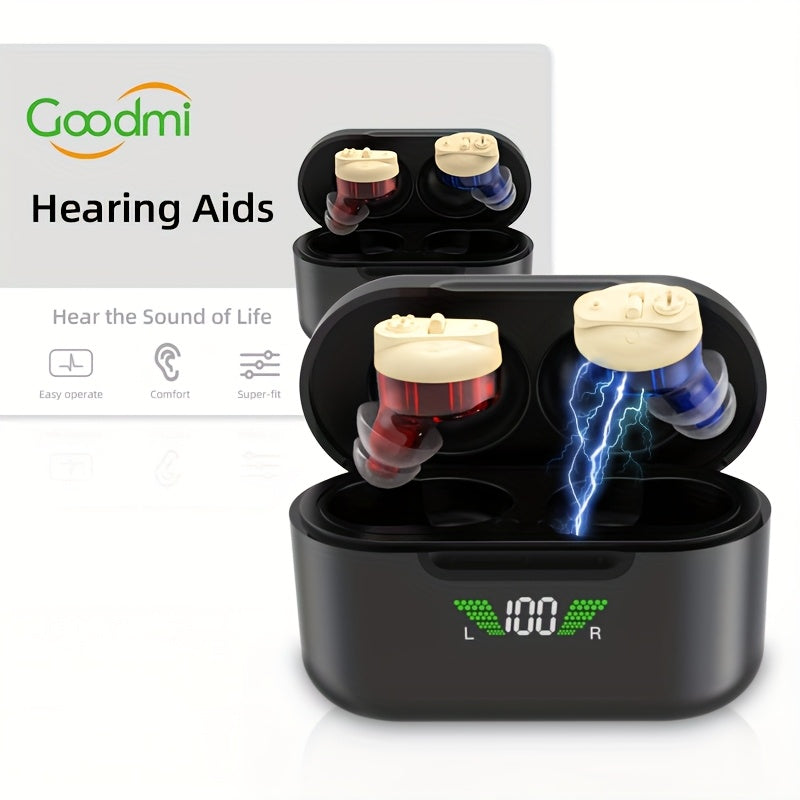 Digital Display Rechargeable Hearing Aid with Listed Noise Reduction, Compact Design and Blue and Red Color Option for Personal Listening Routines