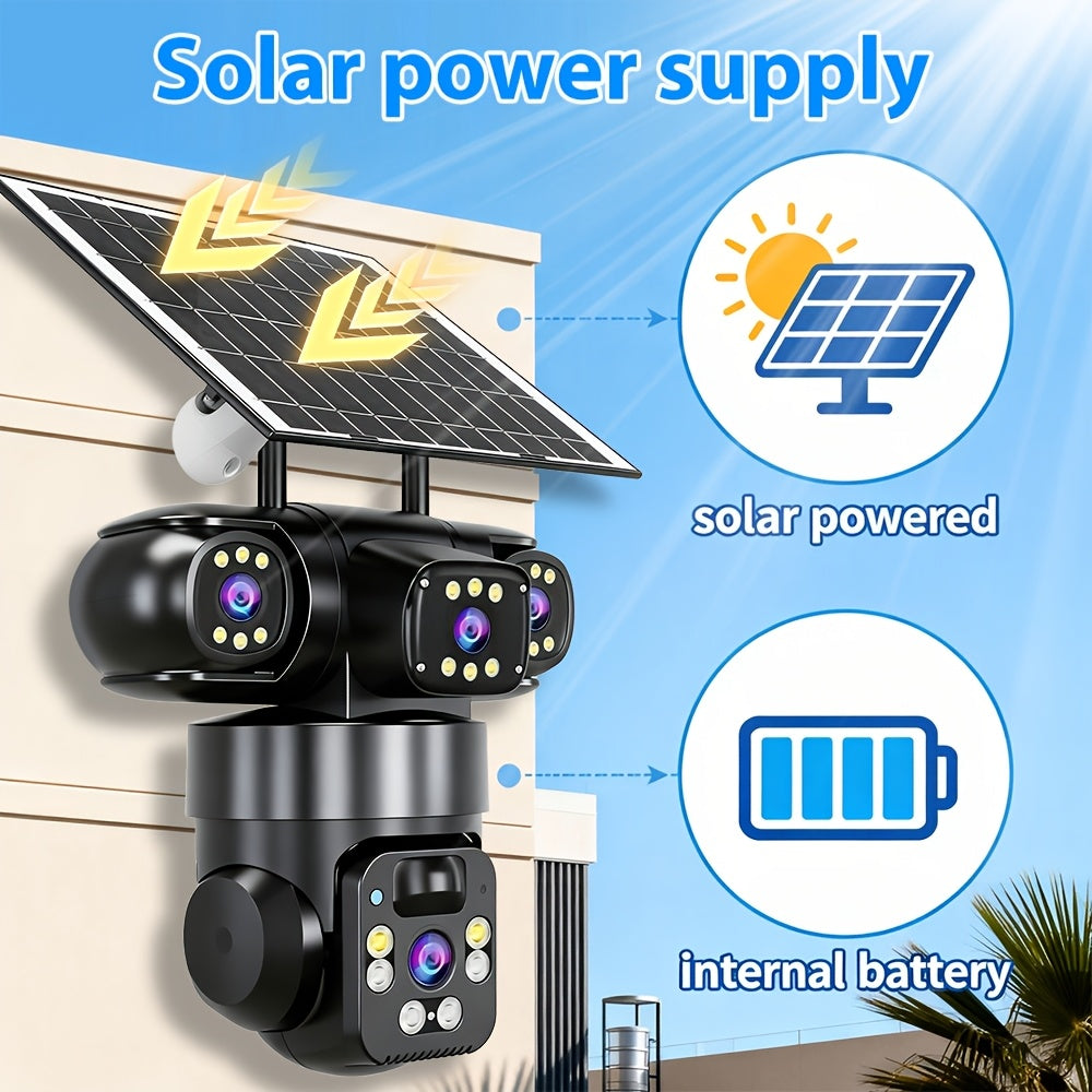 Solar WiFi Security Camera with Three-Lens Design, Listed 4K Pan-Tilt View, PIR Human Alerts and Two-Way Audio in Standard or Plus 32GB Package Labels